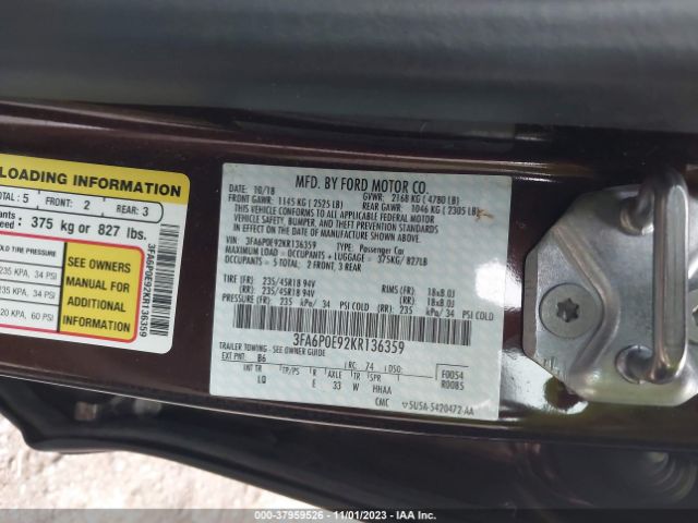 3FA6P0E92KR136359 Ford FUSION SEL