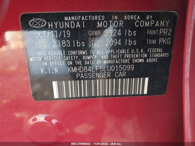 2020 HYUNDAI ELANTRA SEL VIN: KMHD84LF5LU015099