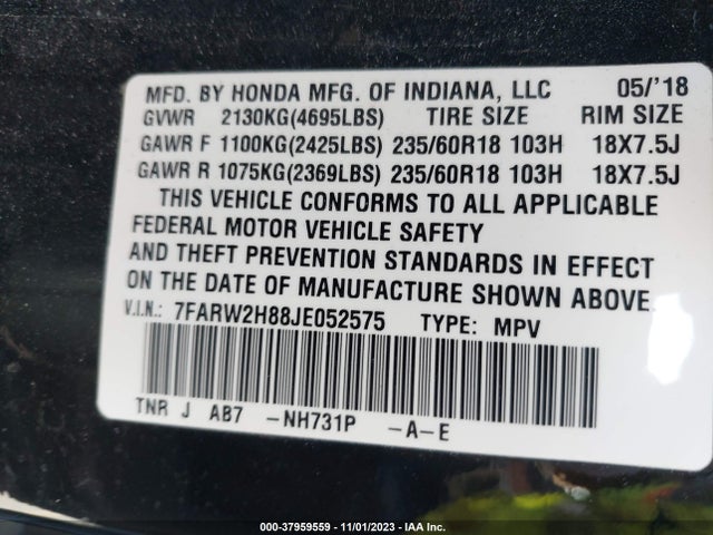 2018 HONDA CR-V EX-L/EX-L NAVI VIN: 7FARW2H88JE052575