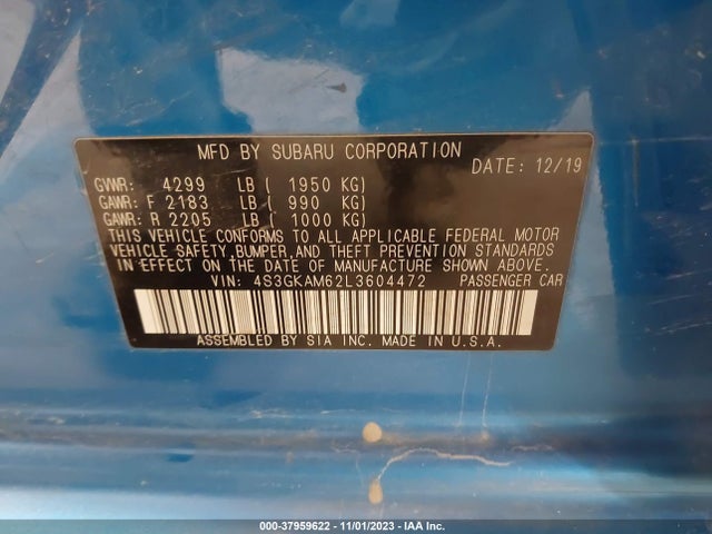2020 SUBARU IMPREZA SPORT VIN: 4S3GKAM62L3604472