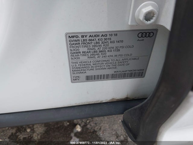 2019 AUDI Q7 55 PREMIUM VIN: WA1LAAF76KD014334