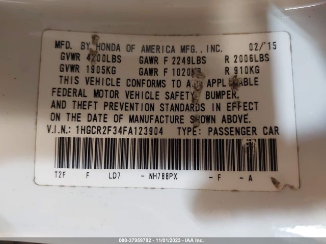 Honda ACCORD LX 2015 1HGCR2F34FA123904 Image 9