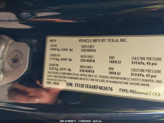 Tesla Model 3 Mid Range/standard Range/standard Range Plus/long Range 2019 5YJ3E1EA6KF482676 Image 8