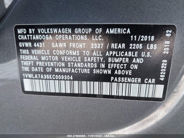 1VWLA7A35KC009304 Volkswagen Passat 2.0t Wolfsburg Edition