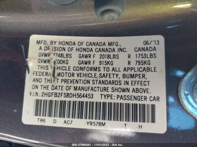 2013 HONDA CIVIC SDN LX VIN: 2HGFB2F58DH564453