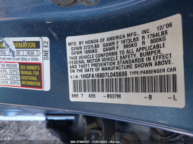 2007 HONDA CIVIC SDN EX VIN: 1HGFA16807L045606