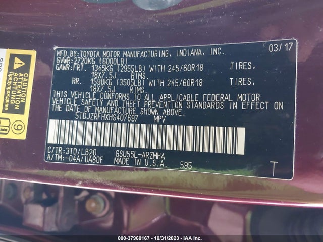 Toyota Highlander Xle/se 2017 5TDJZRFHXHS407697 Image 9