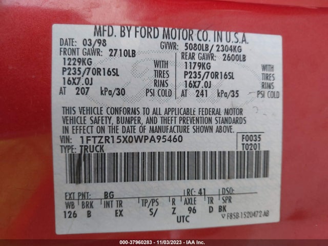 1998 FORD RANGER SPLASH/XL/XLT VIN: 1FTZR15X0WPA95460