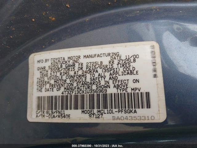 2001 TOYOTA SIENNA LE VIN: 4T3ZF13CX1U356969