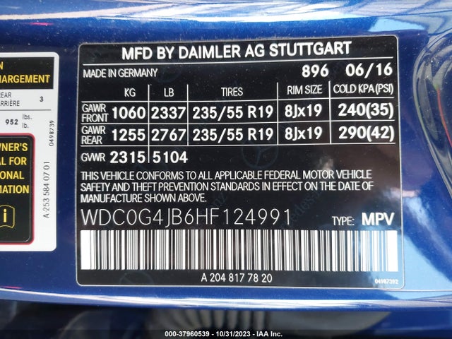 2017 MERCEDES-BENZ GLC 300 VIN: WDC0G4JB6HF124991