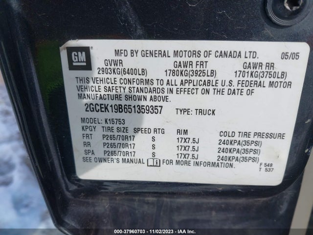 2005 CHEVROLET SILVERADO 1500 LT VIN: 2GCEK19B651359357
