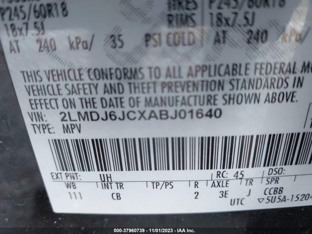 2010 LINCOLN MKX VIN: 2LMDJ6JCXABJ01640