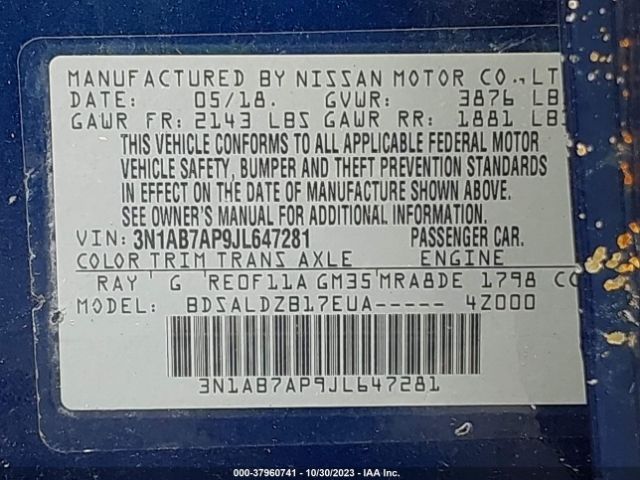 3N1AB7AP9JL647281 Nissan SENTRA SV