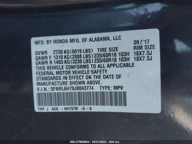 5FNRL6H79JB043774 Honda Odyssey Ex-l