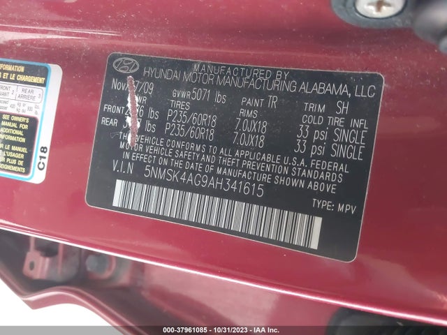 2010 HYUNDAI SANTA FE LIMITED V6 VIN: 5NMSK4AG9AH341615