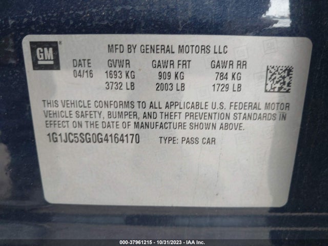 Chevrolet Sonic Lt Auto 2016 1G1JC5SG0G4164170 Image 9
