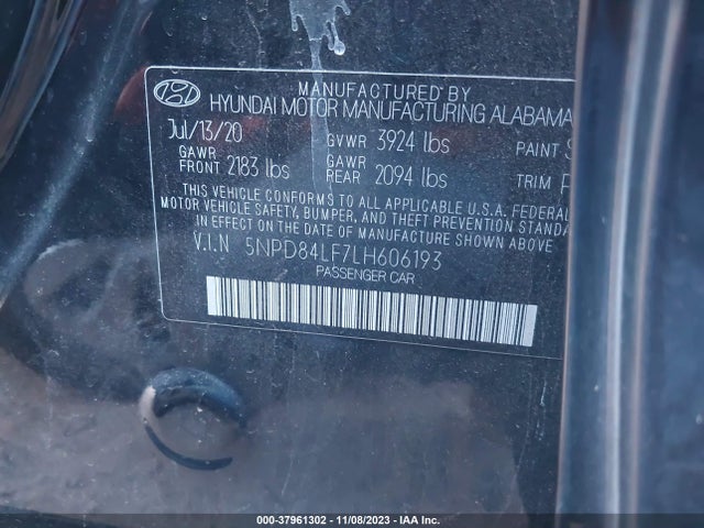 2020 HYUNDAI ELANTRA SEL VIN: 5NPD84LF7LH606193