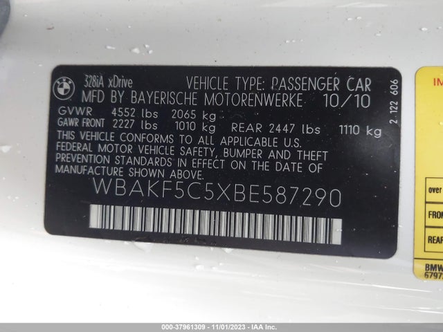 2011 BMW 328I XDRIVE VIN: WBAKF5C5XBE587290