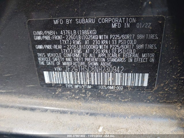 Aukcja sprzedaży 2022 Subaru Crosstrek Sport, vin: JF2GTHSC8NH230942, numer aukcji: 37961402