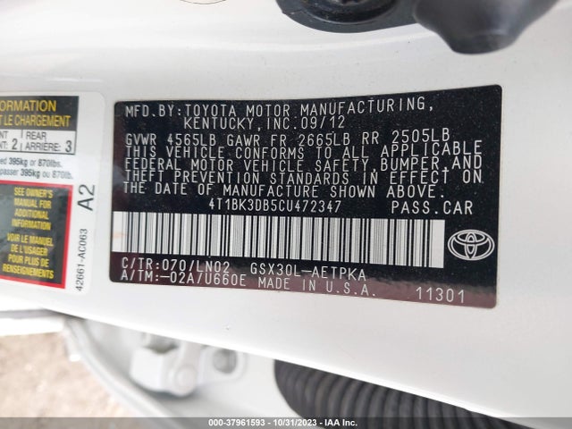 2012 TOYOTA AVALON VIN: 4T1BK3DB5CU472347