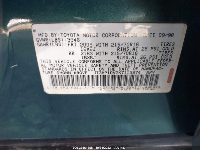 1999 TOYOTA RAV4 VIN: JT3HP10V2X7113874