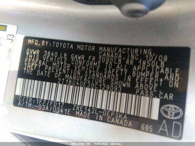 2009 TOYOTA COROLLA S VIN: 2T1BU40E39C129093