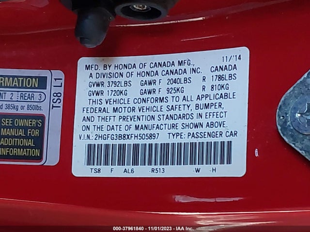 Honda CIVIC EX 2015 2HGFG3B8XFH505897 Image 9