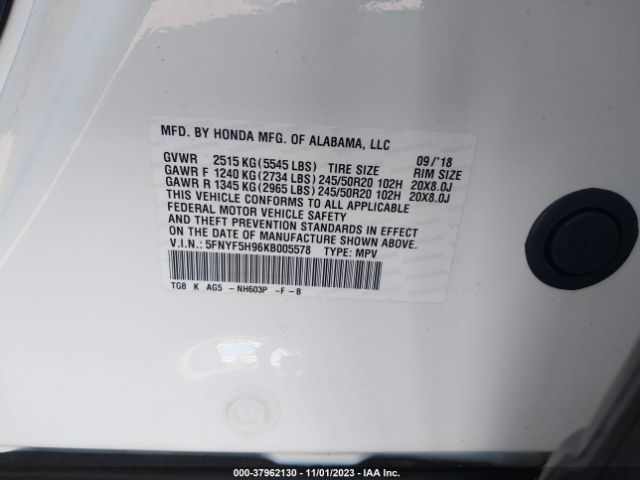 5FNYF5H96KB005578 Honda Pilot Touring