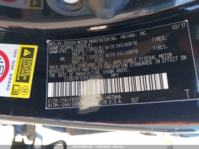 Toyota Highlander Le 2017 5TDBZRFH3HS393985 Image 9