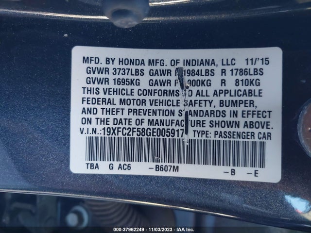 2016 HONDA CIVIC LX VIN: 19XFC2F58GE005917