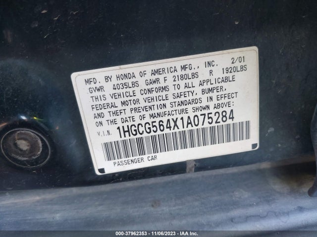 2001 HONDA ACCORD SDN LX VIN: 1HGCG564X1A075284