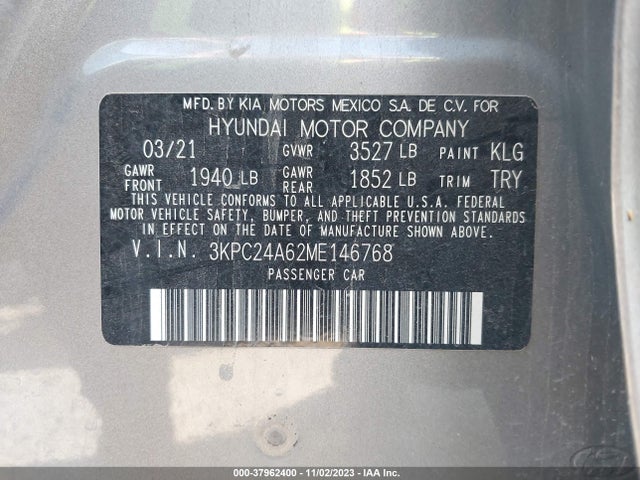 2021 HYUNDAI ACCENT SEL VIN: 3KPC24A62ME146768