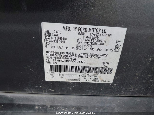 2015 FORD EXPLORER XLT VIN: 1FM5K7D80FGC23479
