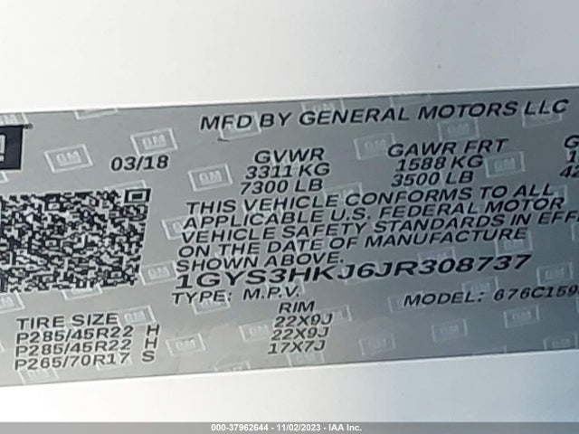 1GYS3HKJ6JR308737 Cadillac Escalade Esv Luxury