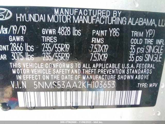 2019 HYUNDAI SANTA FE ULTIMATE 2.0T VIN: 5NMS53AA2KH103653
