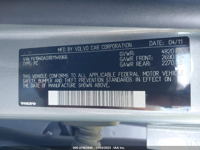 2011 VOLVO S80 3.2 VIN: YV1940ASXB1148966