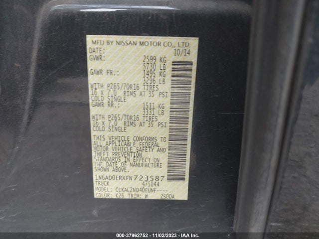 2015 NISSAN FRONTIER SV VIN: 1N6AD0ERXFN723587
