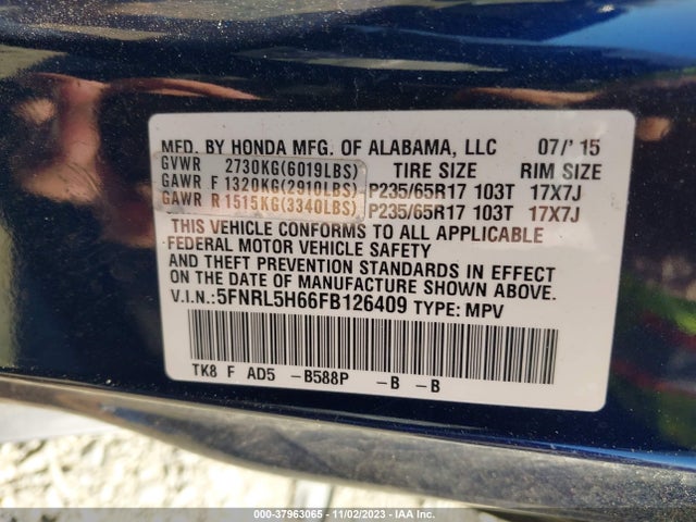 2015 HONDA ODYSSEY EX-L VIN: 5FNRL5H66FB126409