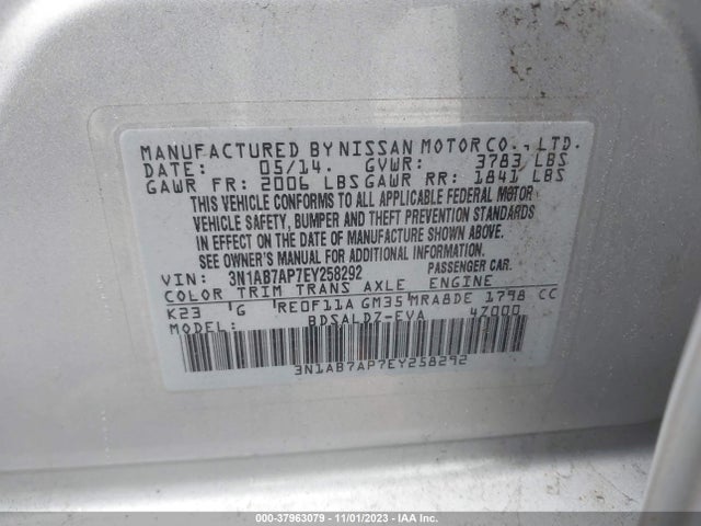 2014 NISSAN SENTRA FE+ S/FE+ SV/S/SV/SR/SL VIN: 3N1AB7AP7EY258292