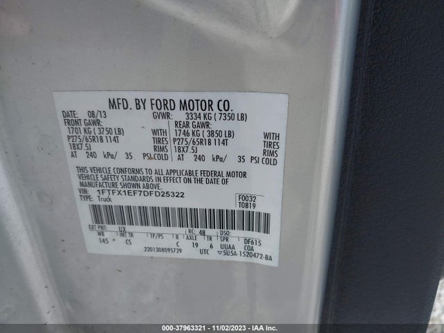2013 FORD F-150 STX VIN: 1FTFX1EF7DFD25322