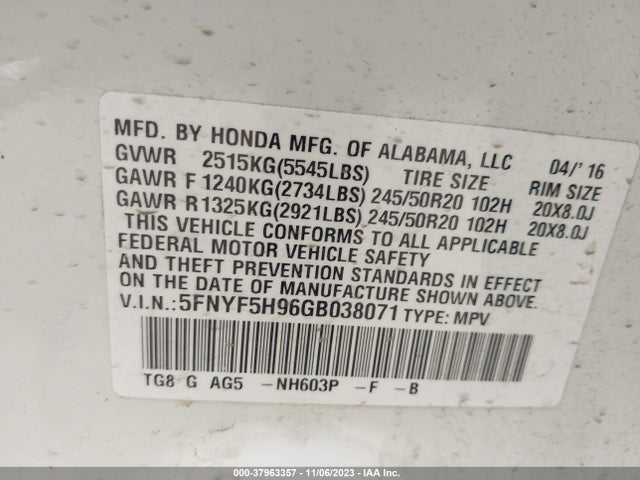 Honda Pilot Touring 2016 5FNYF5H96GB038071 Image 9
