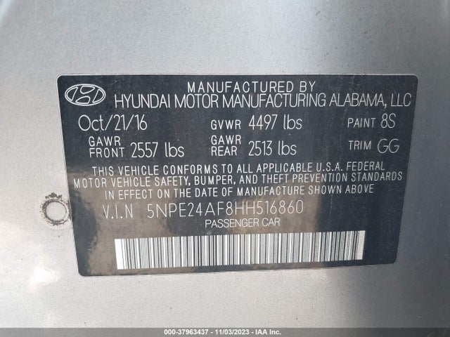 Hyundai Sonata 2.4l 2017 5NPE24AF8HH516860 Image 9