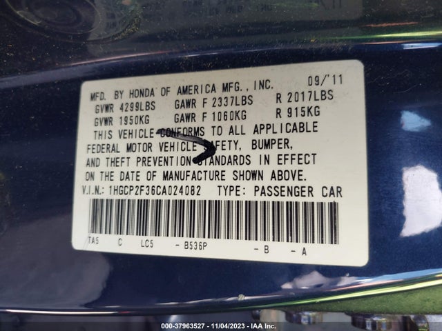 Aukcja sprzedaży 2012 Honda Accord 2.4 Lx, vin: 1HGCP2F36CA024082, numer aukcji: 37963527