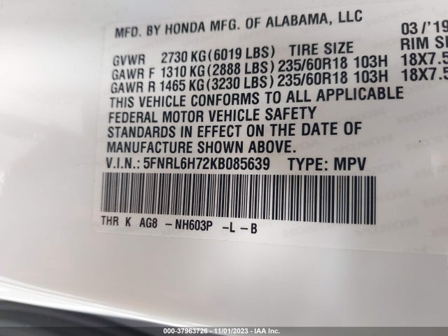 Honda Odyssey Ex-l 2019 5FNRL6H72KB085639 Image 9