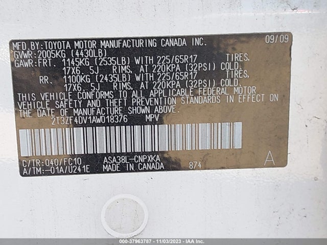 2010 TOYOTA RAV4 VIN: 2T3ZF4DV1AW018376