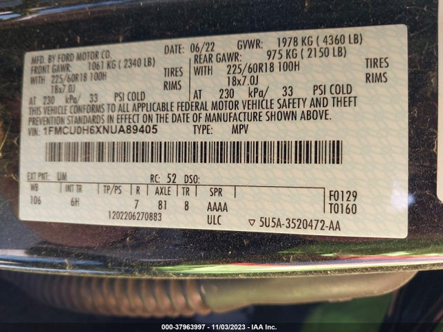 Ford ESCAPE SEL 2022 1FMCU0H6XNUA89405 Image 9