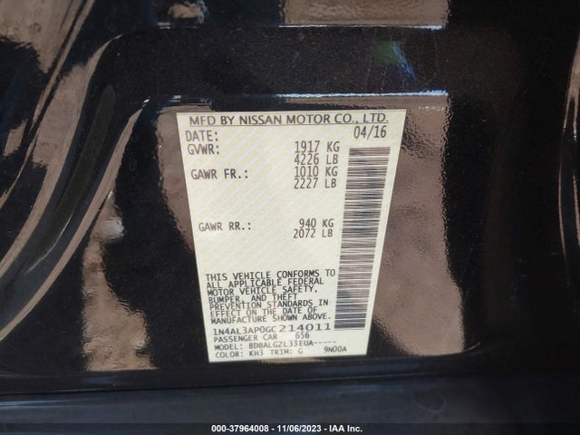 2016 NISSAN ALTIMA 2.5 S VIN: 1N4AL3AP0GC214011