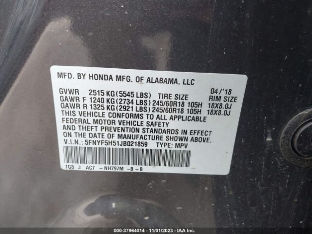 5FNYF5H51JB021859 Honda Pilot Ex-l