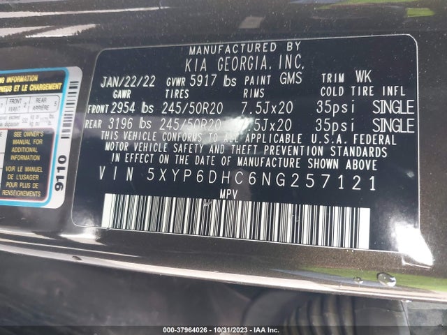 2022 KIA TELLURIDE S VIN: 5XYP6DHC6NG257121