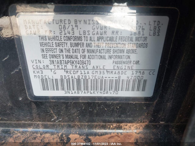 2019 NISSAN SENTRA S VIN: 3N1AB7AP6KY408470